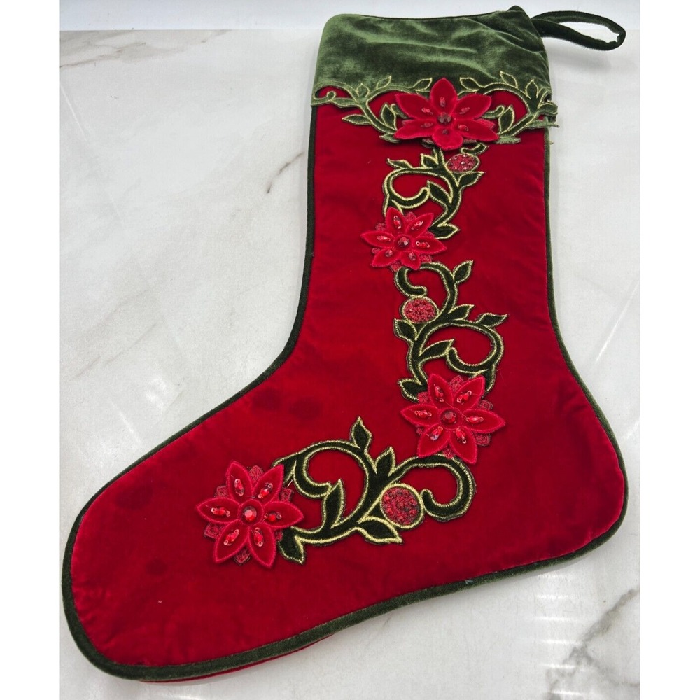 Velvet Christmas Stocking Red 23" Vine Beaded Poinsettia Velvet Stocking
